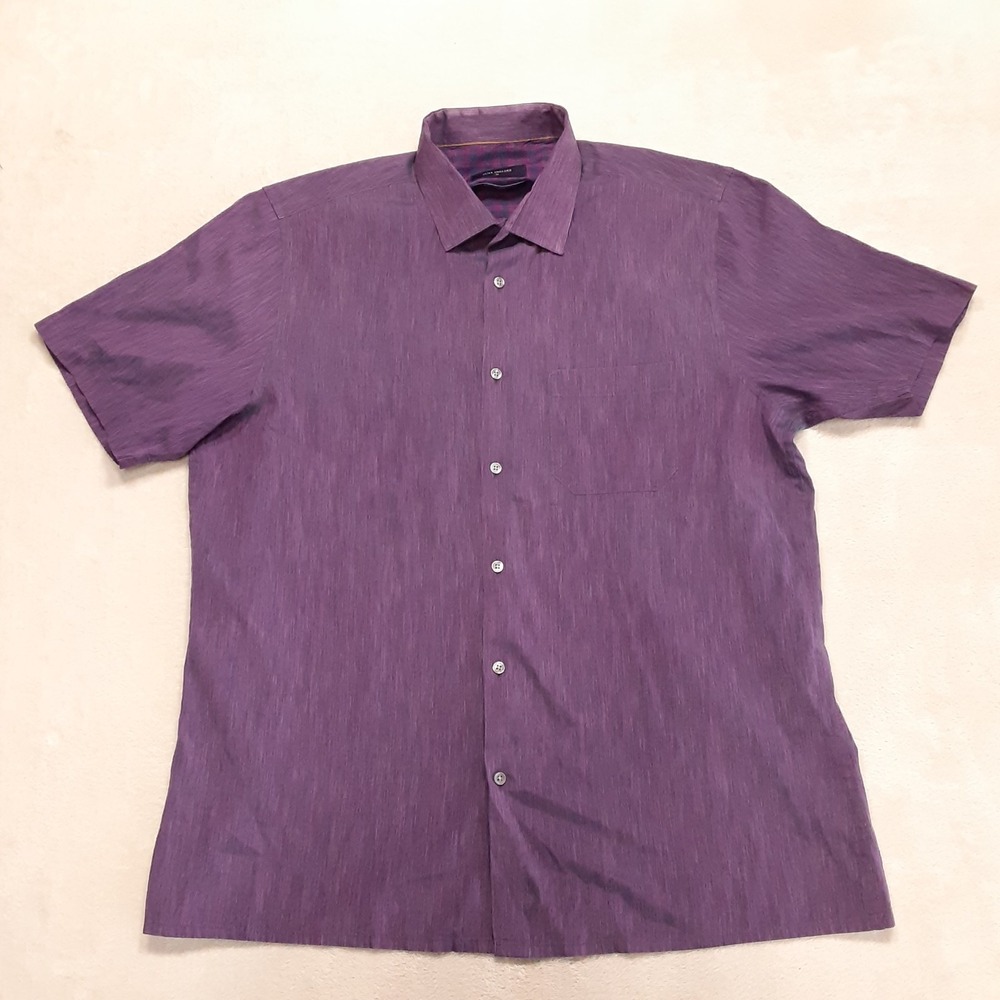 Peter England Mens Nuvo Premium Cotton Blend Button Shirt 44 Purple Short Sleeve